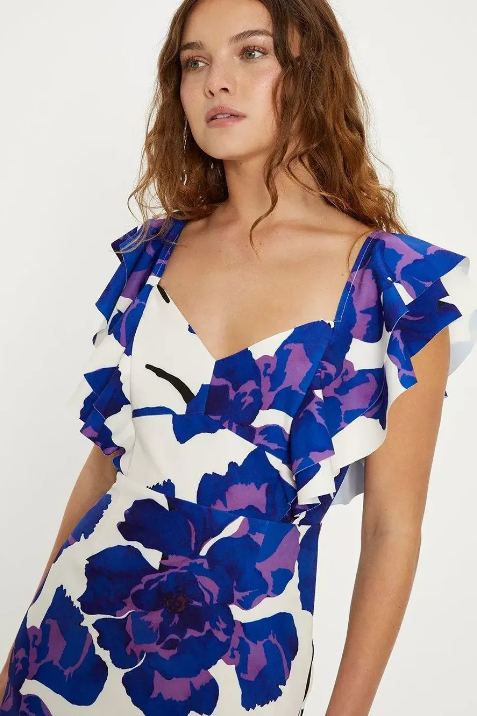Petite Ruffle Detail Floral Crepe Midi Dress
