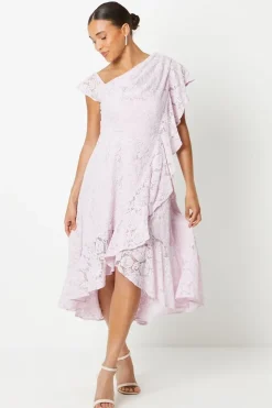 Petite Ruffle Detail Frill Shoulder Lace Midi Dress