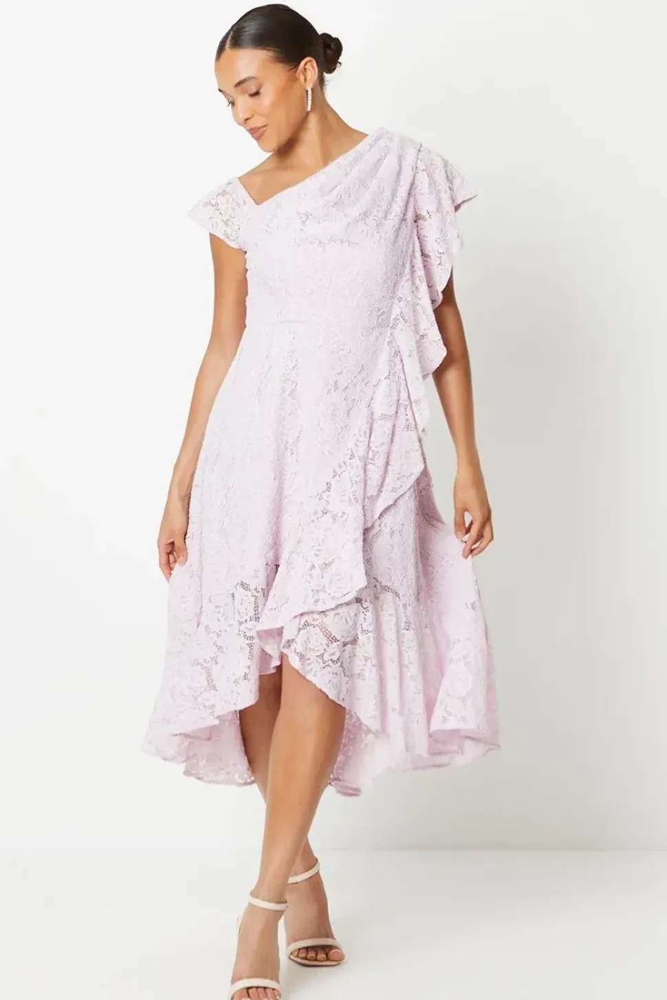 Petite Ruffle Detail Frill Shoulder Lace Midi Dress