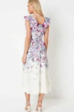 Petite Ruffle Shoulder Cotton Midi Dress In Floral Print