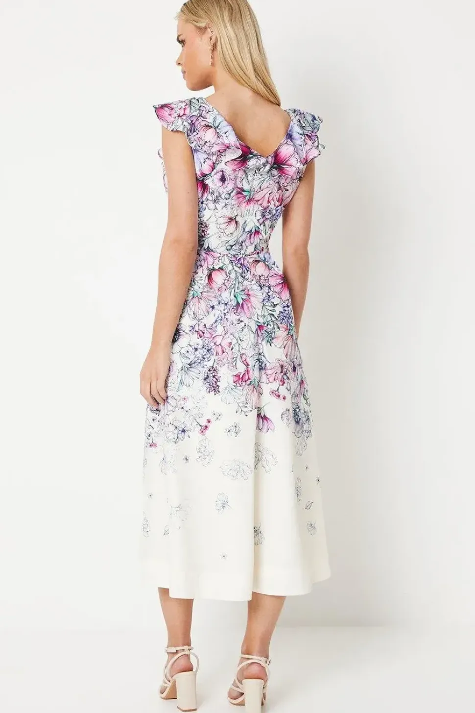 Petite Ruffle Shoulder Cotton Midi Dress In Floral Print