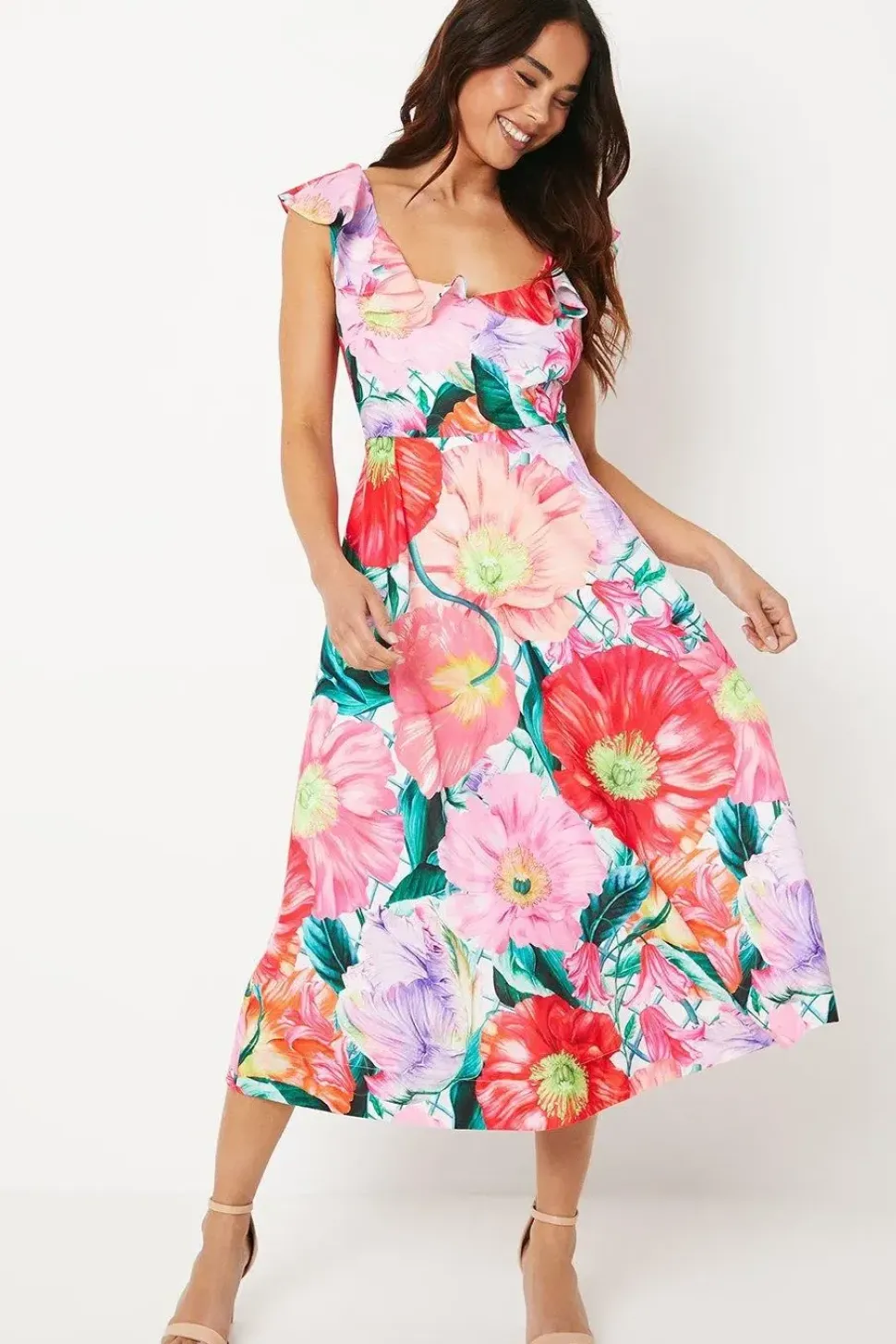 Petite Ruffle Shoulder Midi Dress In Floral Print