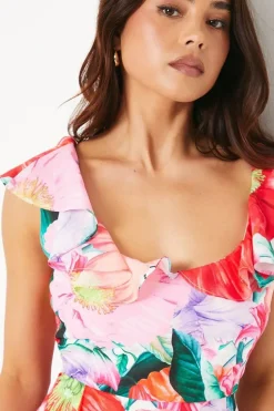 Petite Ruffle Shoulder Midi Dress In Floral Print