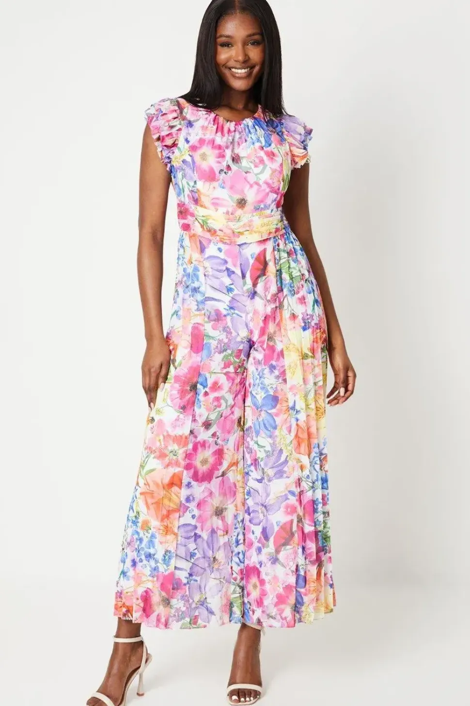 Petite Ruffle Shoulder Pleated Wide Leg Jumpsuit