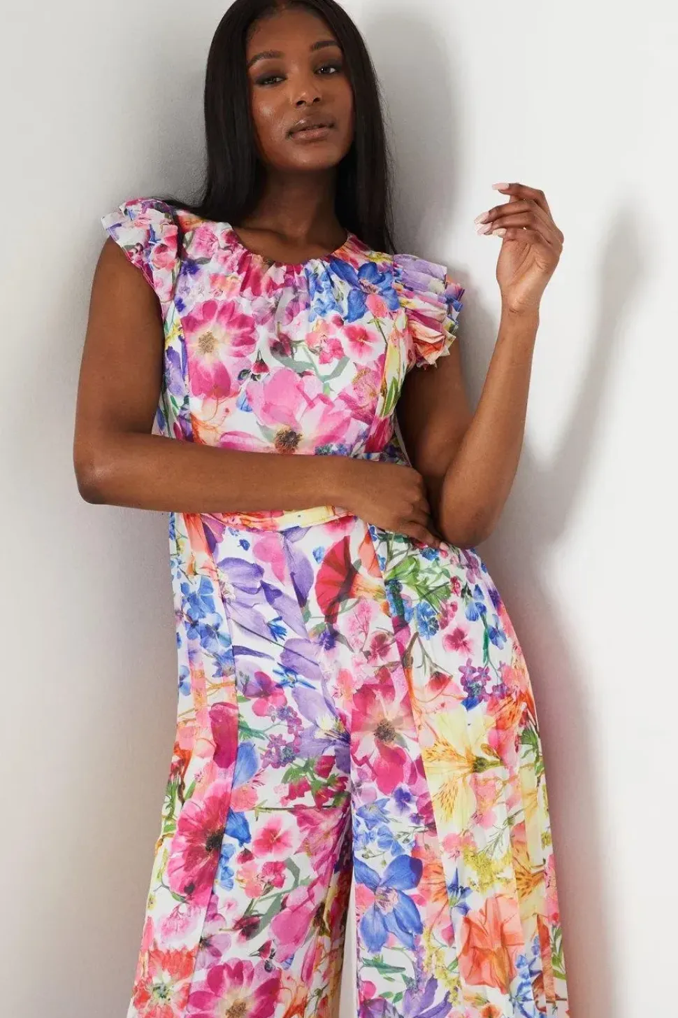 Petite Ruffle Shoulder Pleated Wide Leg Jumpsuit