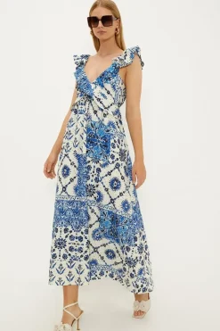 Petite Ruffle Strap Tie Back Printed Broderie Dress