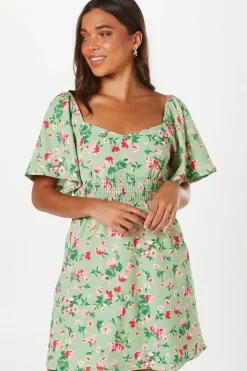 Petite Sage Floral Shirred Waist Detail Mini Dress