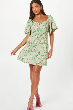 Petite Sage Floral Shirred Waist Detail Mini Dress