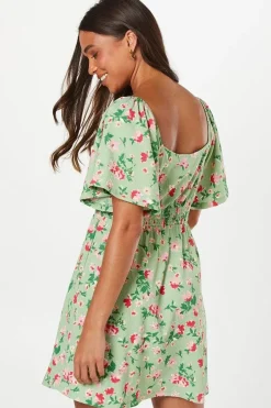 Petite Sage Floral Shirred Waist Detail Mini Dress