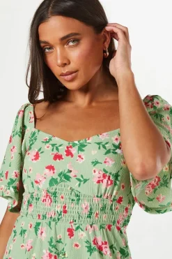 Petite Sage Floral Shirred Waist Detail Mini Dress