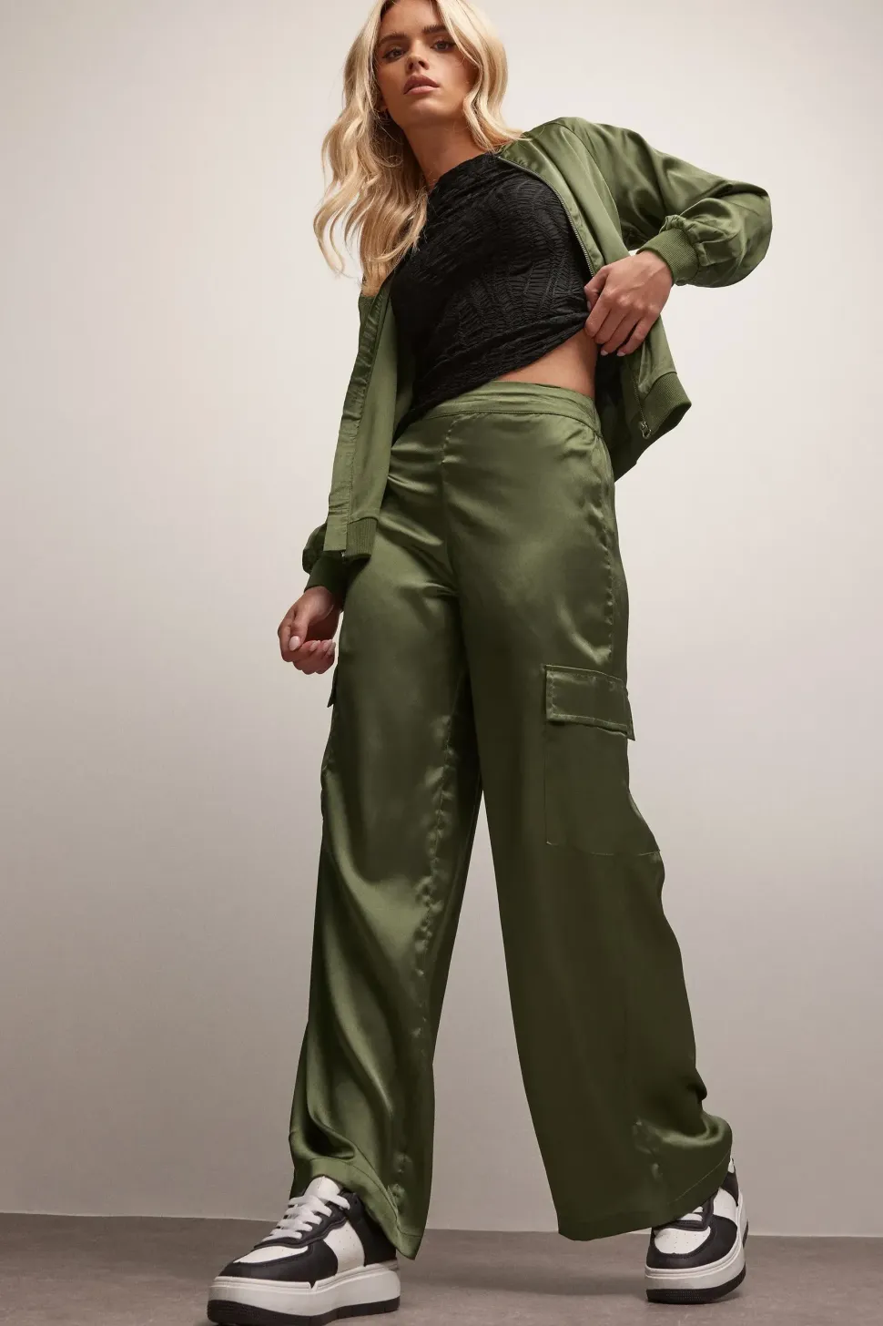 Petite Satin Cargo Trousers
