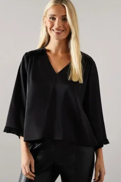Petite Satin Flute Sleeve Frill Detail Blouse
