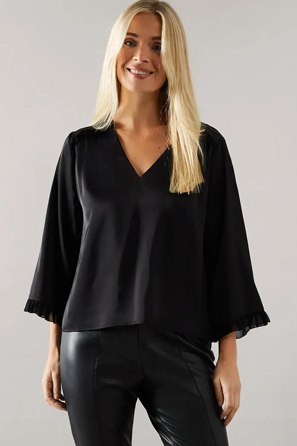 Petite Satin Flute Sleeve Frill Detail Blouse