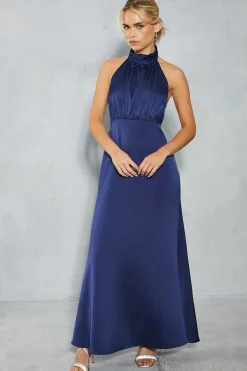 Petite Satin Halter Bias Cut Maxi Bridesmaids Dress
