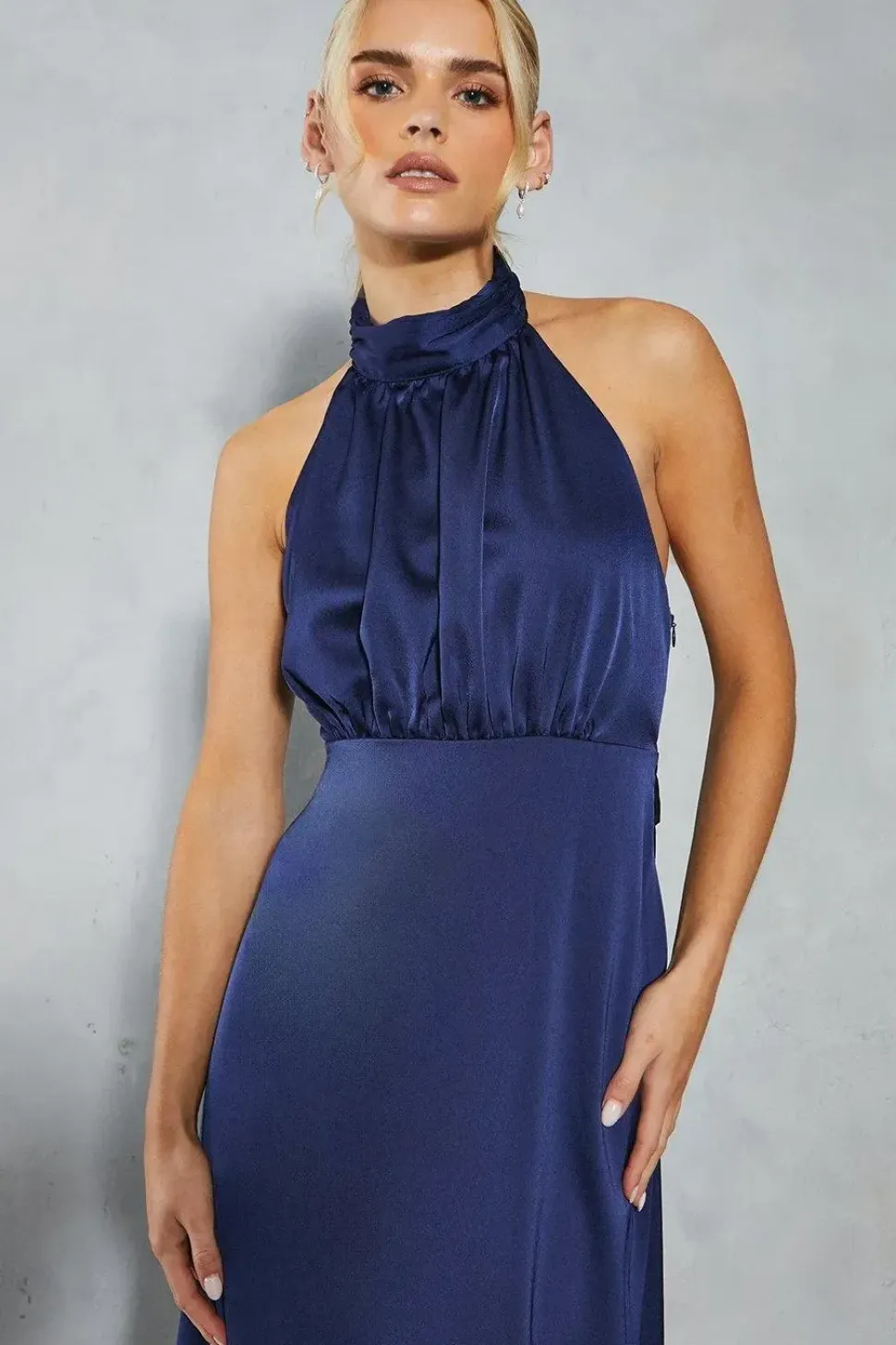 Petite Satin Halter Bias Cut Maxi Bridesmaids Dress