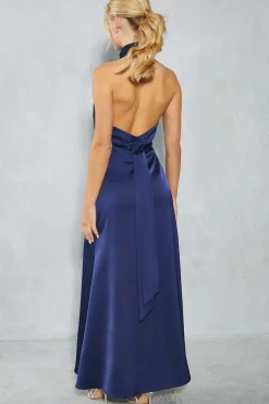 Petite Satin Halter Bias Cut Maxi Bridesmaids Dress