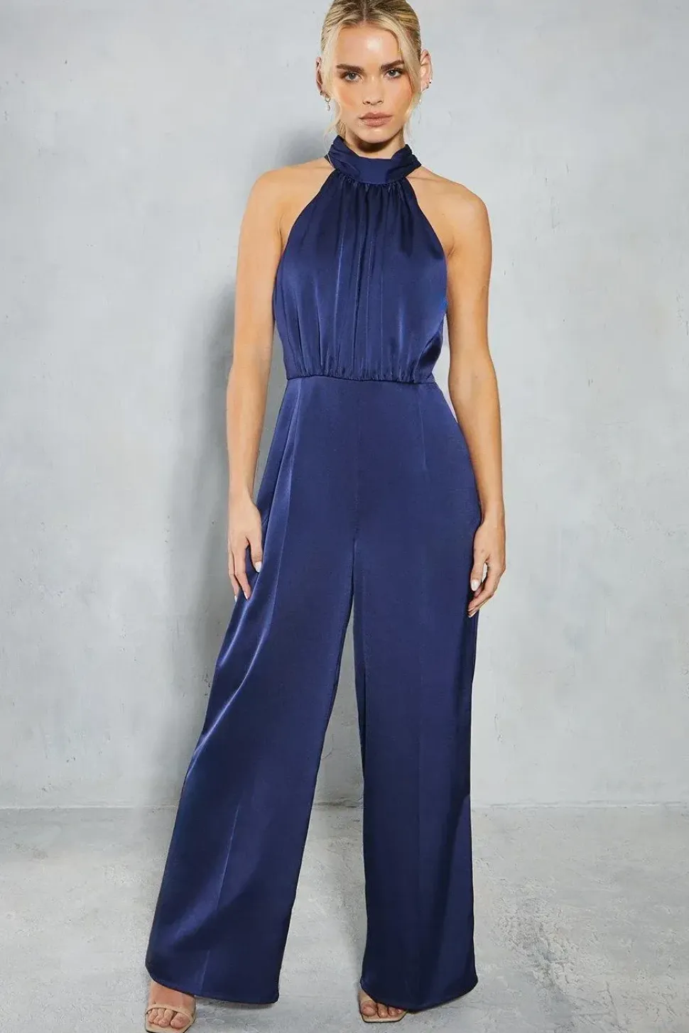 Petite Satin Halter Wide Leg Bridesmaids Jumpsuit