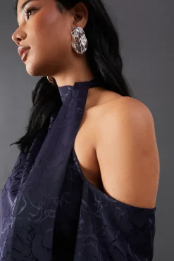 Petite Satin Jacquard Tie Neck Asymmetric Shoulder Mini Dress