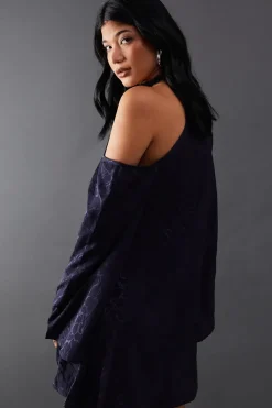 Petite Satin Jacquard Tie Neck Asymmetric Shoulder Mini Dress