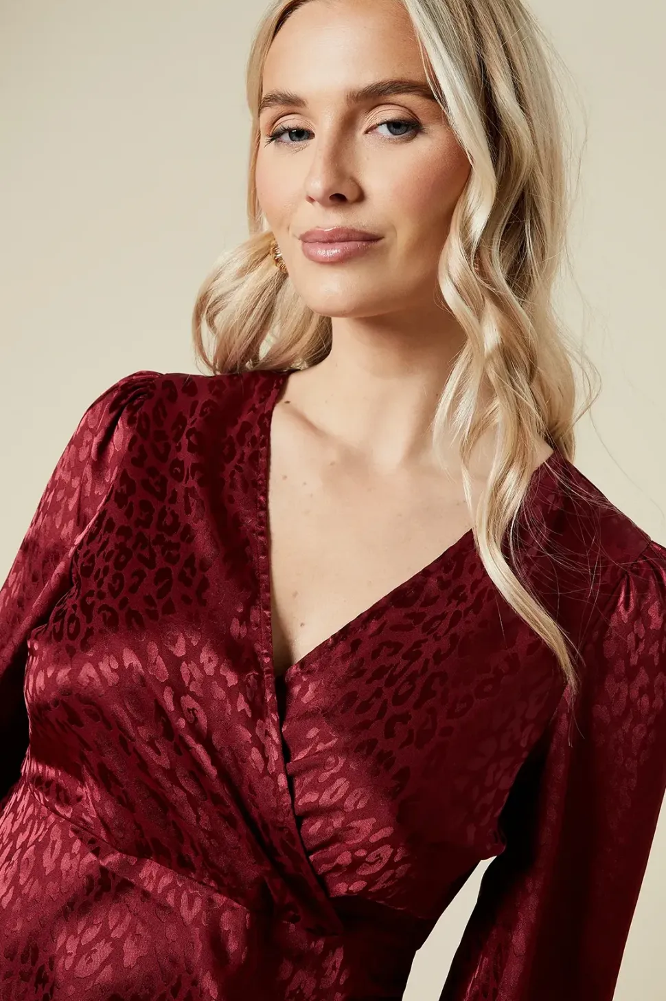 Petite Satin Jacquard Wrap Mini Dress