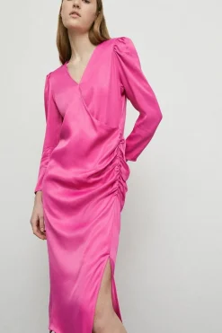 Petite Satin Long Sleeve Wrap Midi Slip Dress