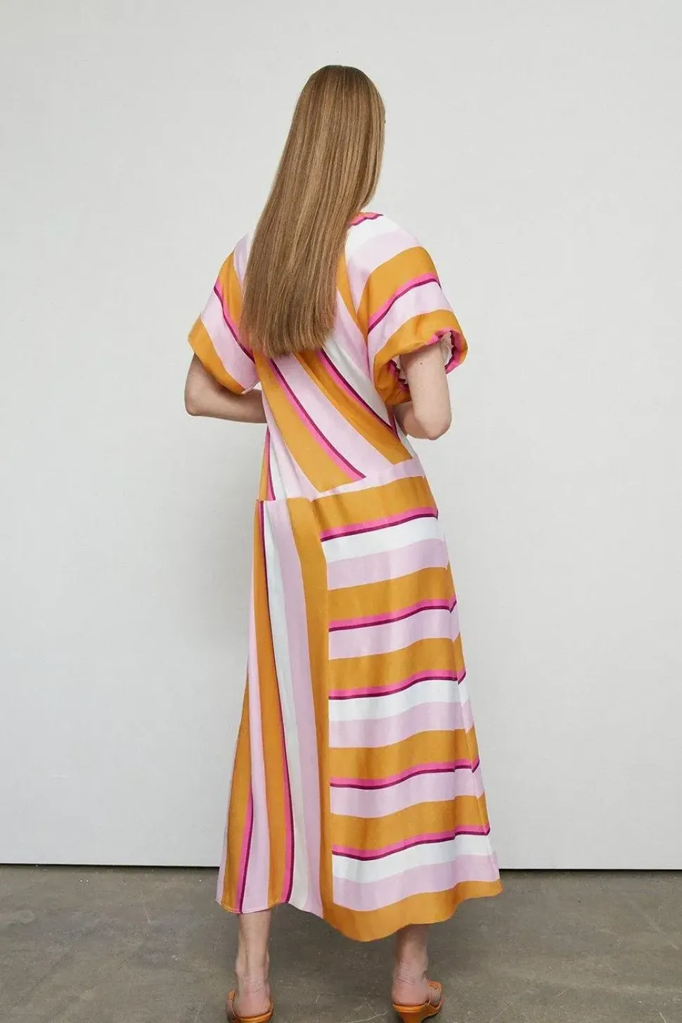 Petite Satin Puff Sleeve Stripe Midi Dress