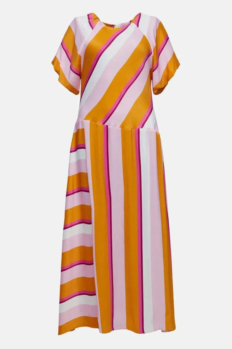 Petite Satin Puff Sleeve Stripe Midi Dress