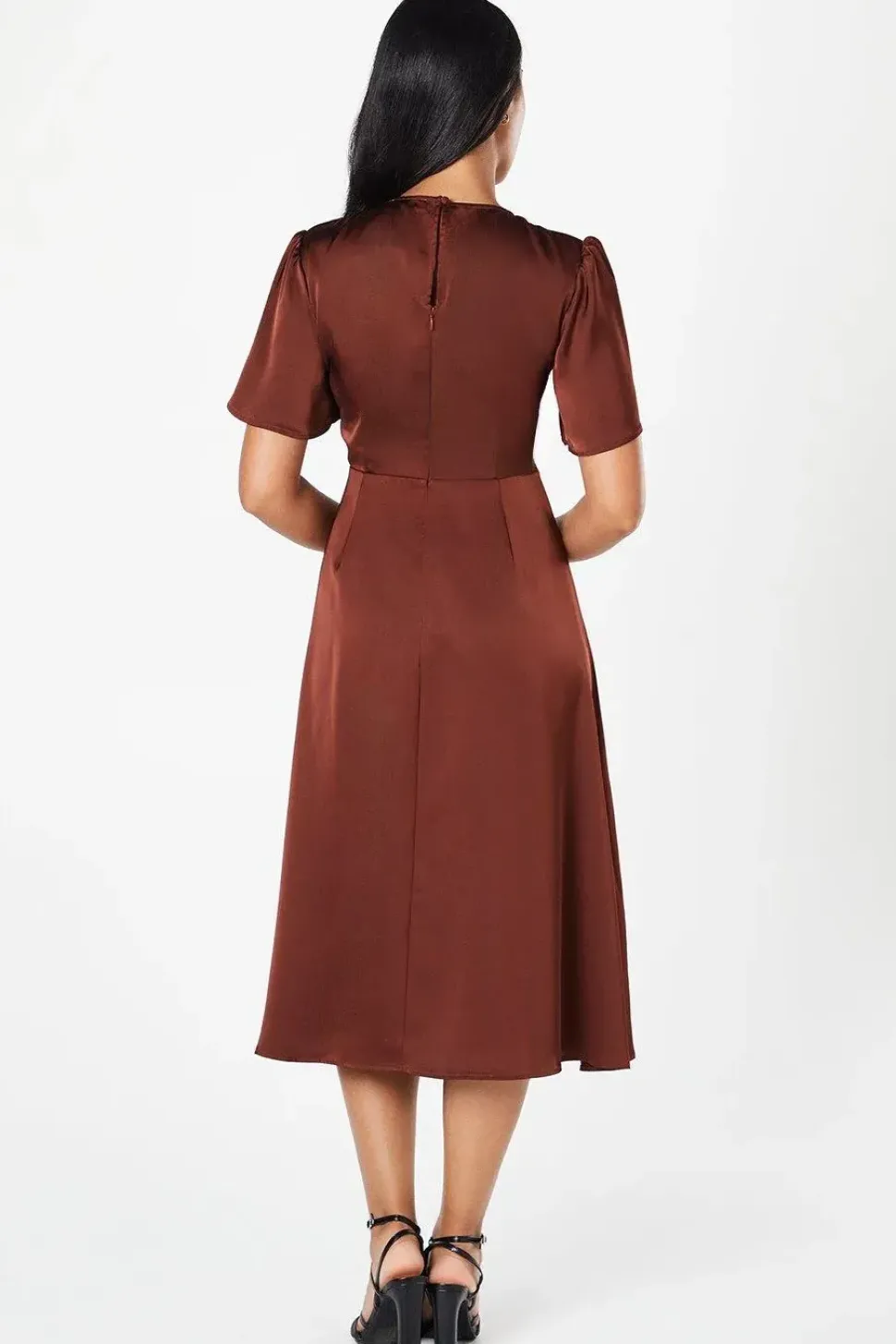Petite Satin Ruffle Sleeve Midi Dress
