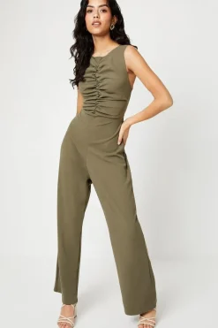 Petite Scuba Crepe Ruched Front Wide Leg Jumpsuit