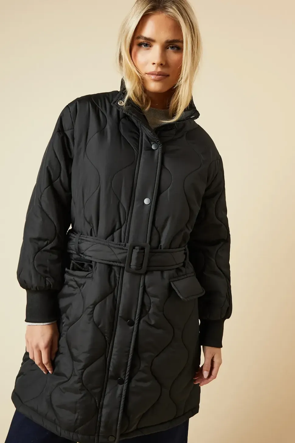 Petite Self Covered Button Quilted Padded Puffer Midi Coat