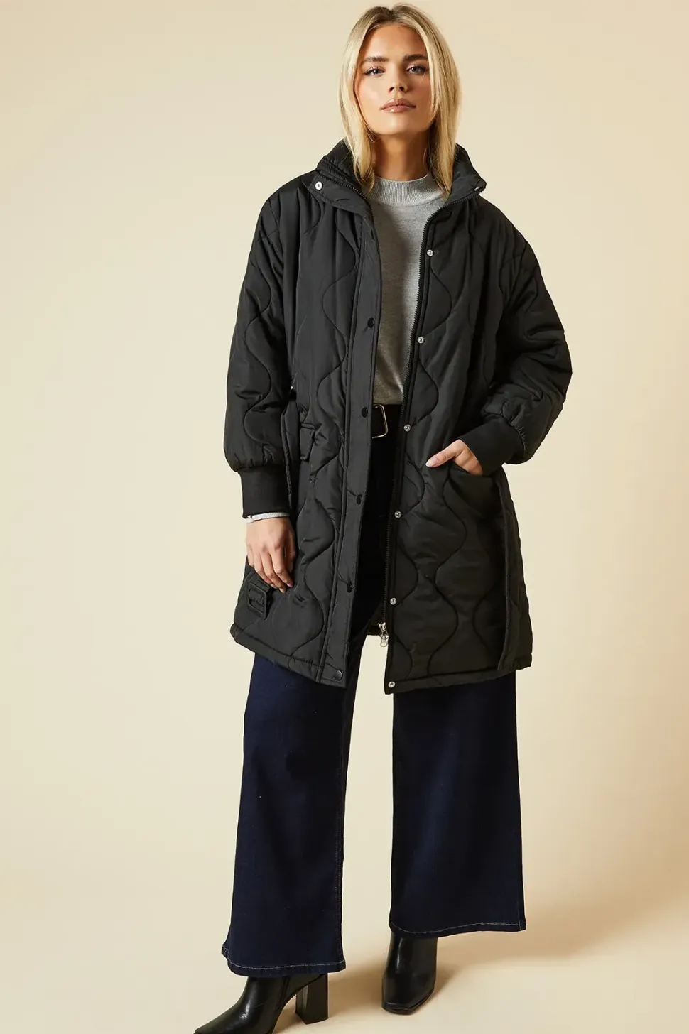Petite Self Covered Button Quilted Padded Puffer Midi Coat