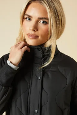 Petite Self Covered Button Quilted Padded Puffer Midi Coat