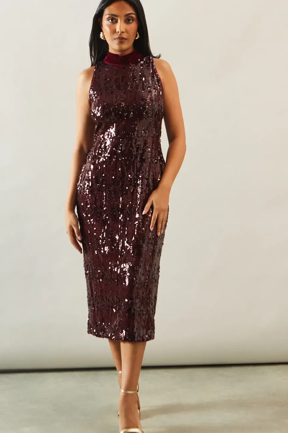 Petite Sequin High Neck Sleeveless Midi Dress