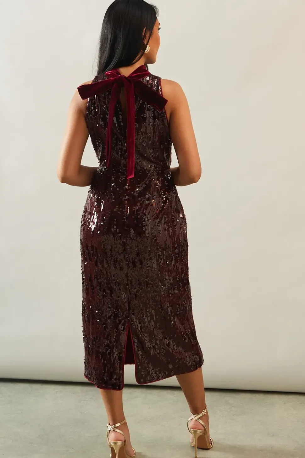 Petite Sequin High Neck Sleeveless Midi Dress