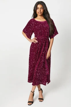Petite Sequin Puff Sleeve Belted Midi Dress
