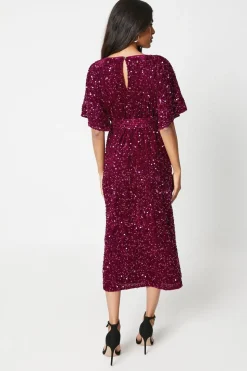 Petite Sequin Puff Sleeve Belted Midi Dress