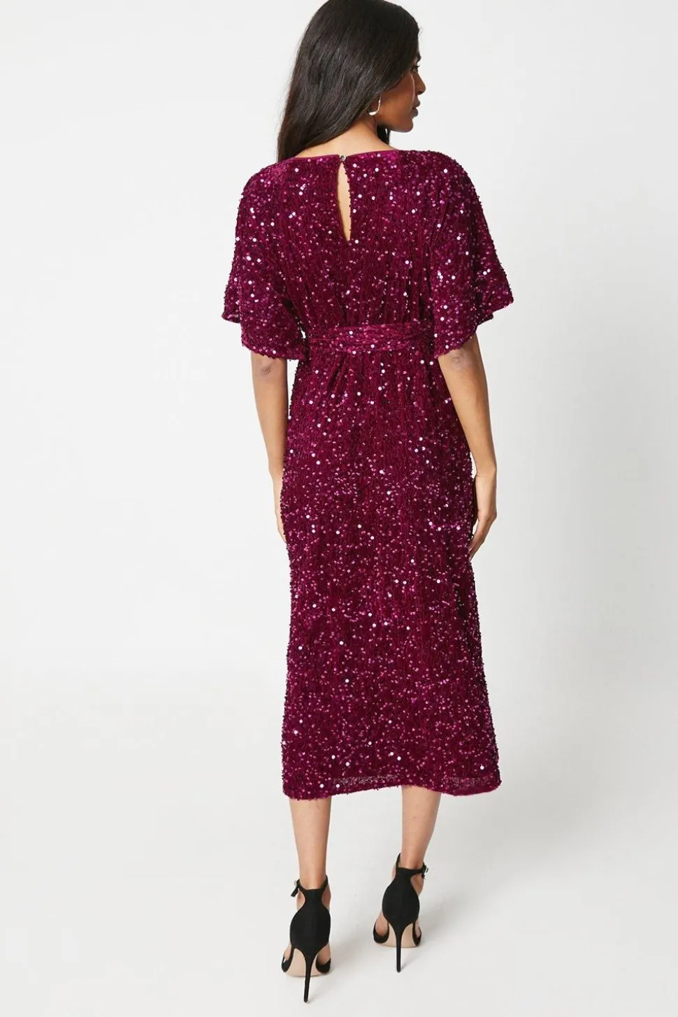 Petite Sequin Puff Sleeve Belted Midi Dress