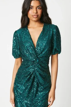 Petite Sequin Puff Sleeve Twist Midi Dress