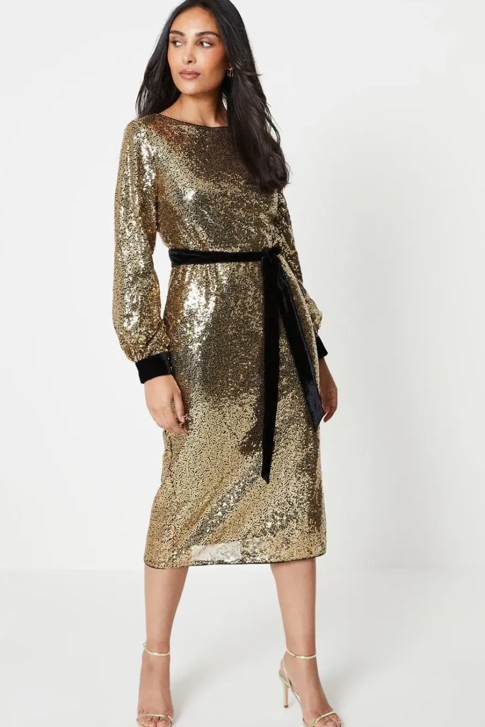 Petite Sequin Velvet Tie Midi Dress