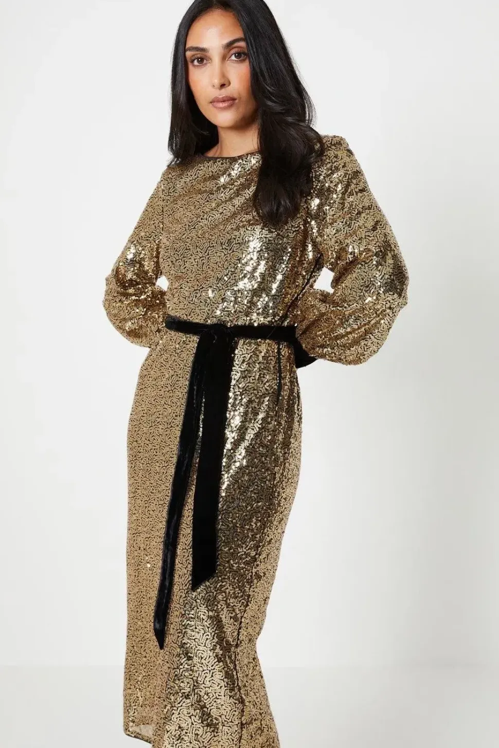Petite Sequin Velvet Tie Midi Dress