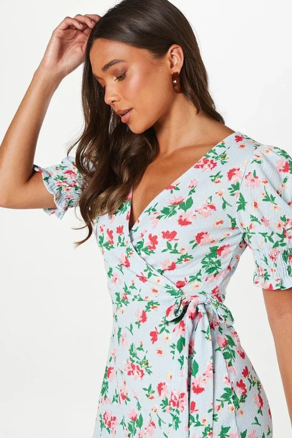 Petite Shirred Cuff Wrap Detail Mini Dress