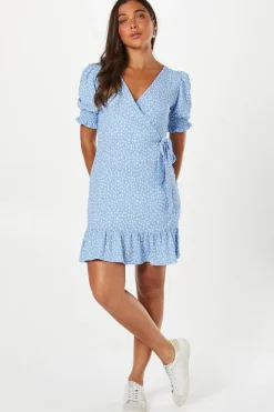 Petite Shirred Cuff Wrap Detail Mini Dress