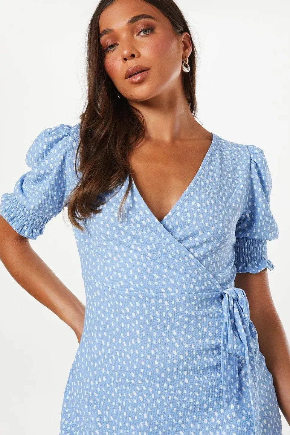 Petite Shirred Cuff Wrap Detail Mini Dress