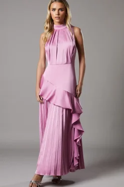 Petite Sleeveless Ruffle Pleat Satin Back Crepe Dress