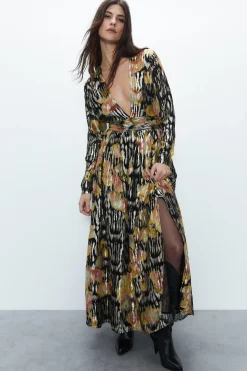 Petite Sparkle Plunge Gathered Waist Maxi Dress