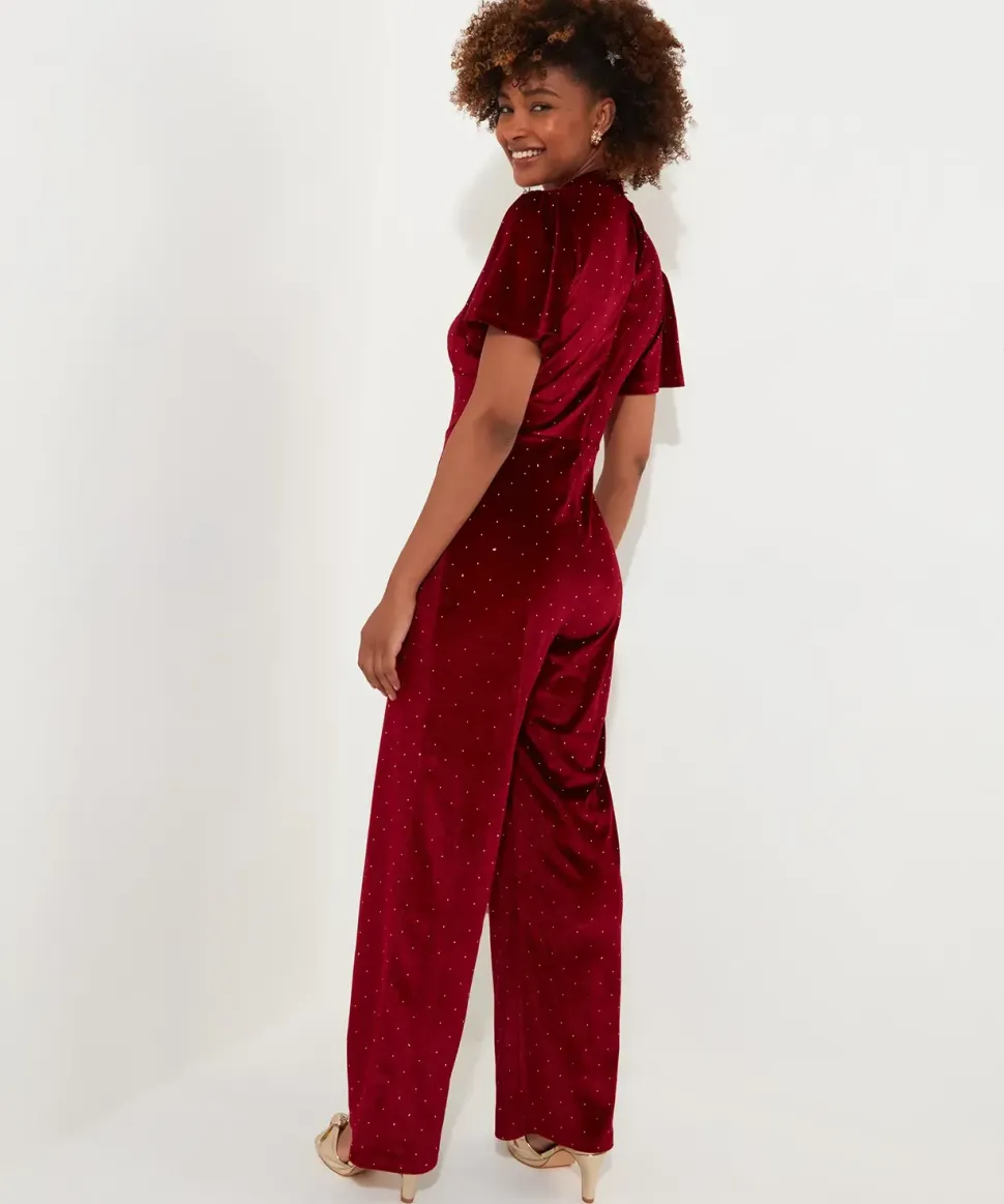 Petite Sparkle Velour Flutter Sleeve Wide Leg Jumpsuit