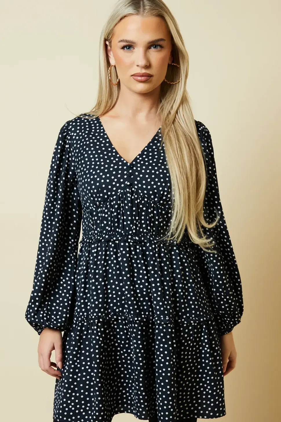 Petite Spot Button Front Tiered Long Sleeve Mini Dress