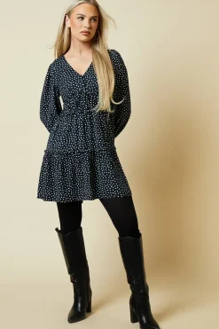 Petite Spot Button Front Tiered Long Sleeve Mini Dress