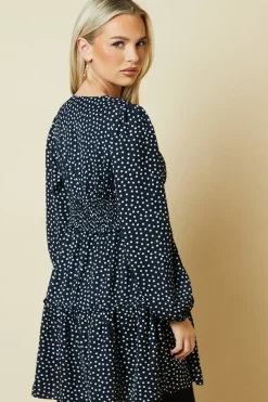 Petite Spot Button Front Tiered Long Sleeve Mini Dress