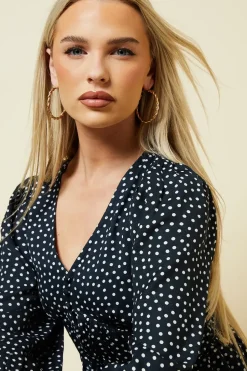 Petite Spot Button Front Tiered Long Sleeve Mini Dress